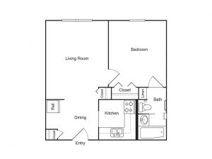 Apartment plan with living room, bedroom, bathroom, kitchen, and dining area.