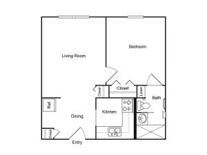 Apartment plan with living room, bedroom, bathroom, kitchen, and dining area.