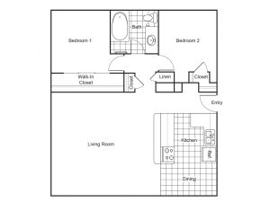 Apartment plan showing two bedrooms, a bathroom, a living room and a combination kitchen and dining area