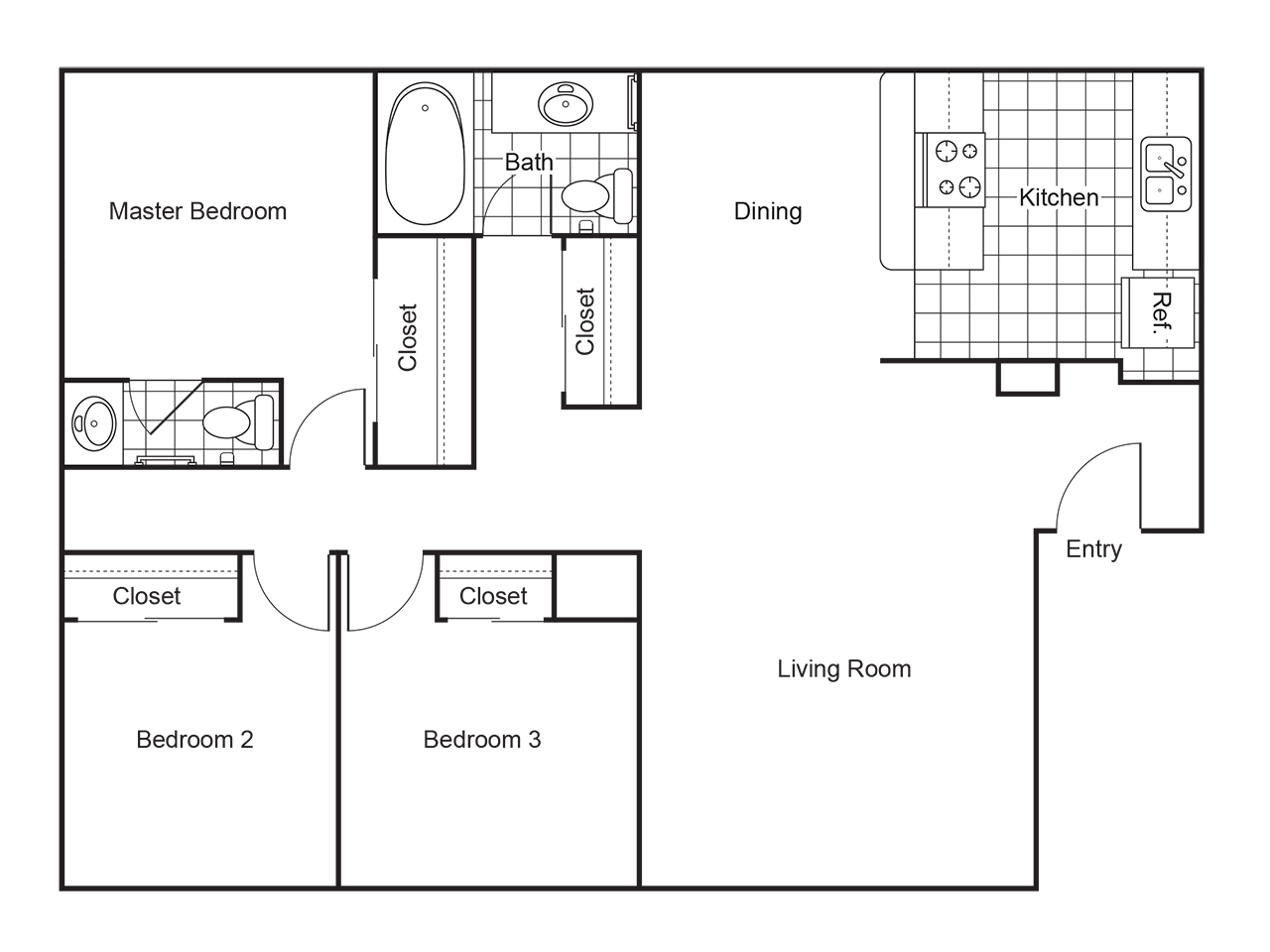 Apartment plan showing a master bedroom with a half bath, two bedrooms, a bathroom, a living room and a combination kitchen and dining area