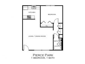Apartment plan with kitchen, bedroom, bathroom and living/dining room