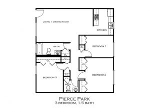 Apartment plan showing three bedrooms, a bathroom, a half bath, a living room/dining room and kitchen area