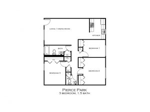 Apartment plan showing three bedrooms, a bathroom, a half bath, a living room/dining room and kitchen area