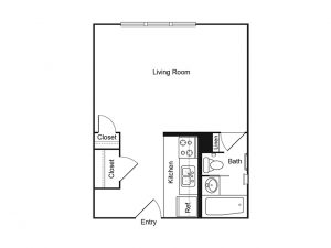 Apartment plan with living room, bathroom, and kitchen.
